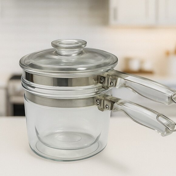 Pyrex Other - Vintage 1950's Pyrex Flameware 3pc Clear Glass Double Boiler SeComplete w/Lid